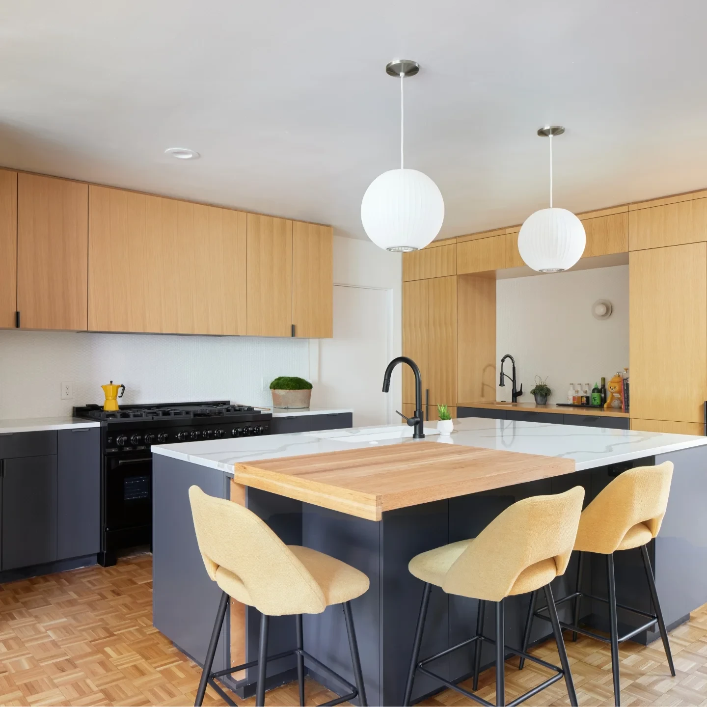 Custom two-tone kitchen cabinetry with wood island, Brentwood