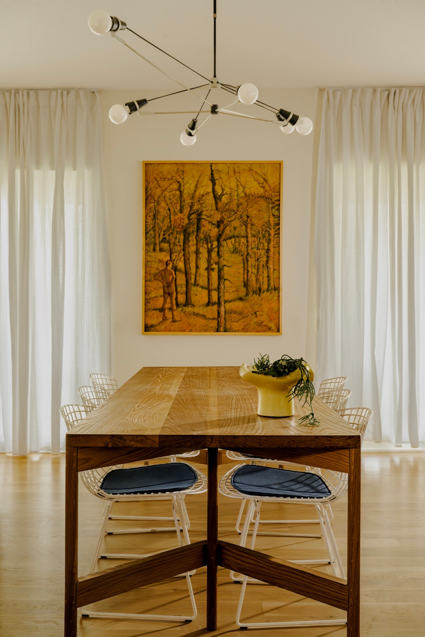 Custom dining table with wood top and distinctive base, Bryant Avenue