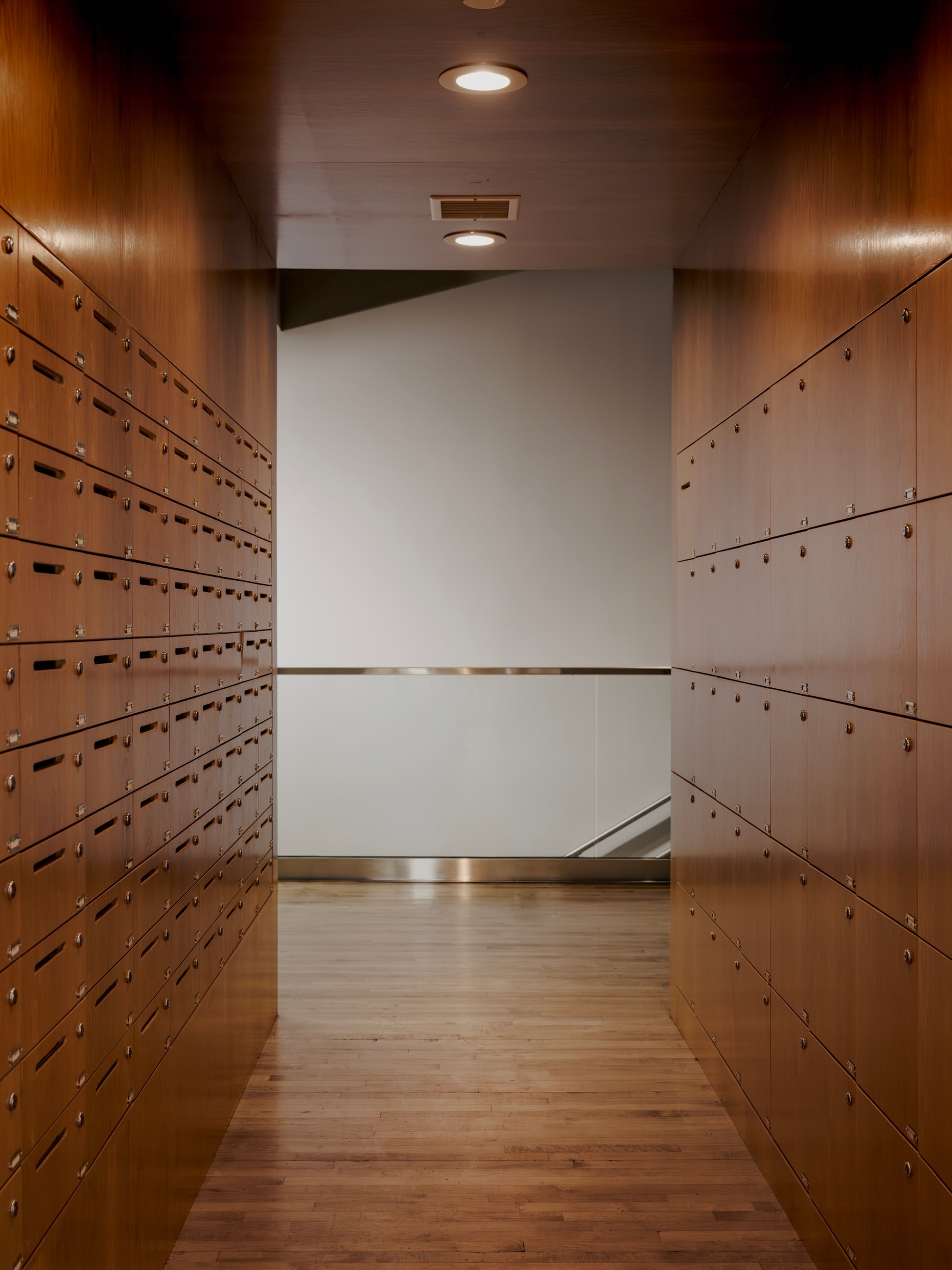 Custom wood locker wall and built-in cabinetry, Day Club