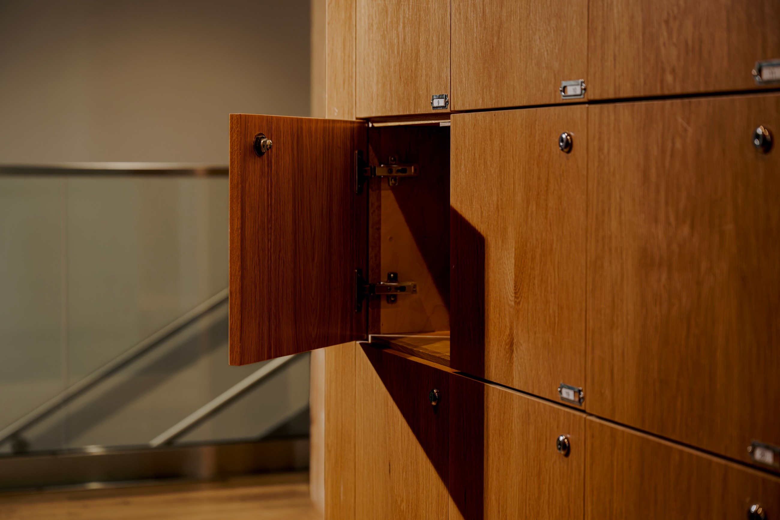 Custom wood locker door detail, Day Club